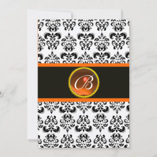 DAMASK ORANGE AGATE MONOGRAM, schwarz und weiß Einladung