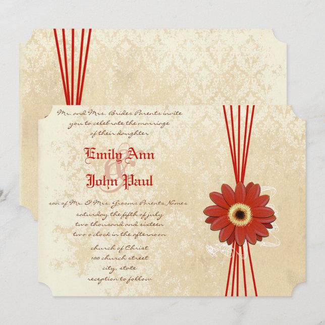 Damask Orange Gerber Daisy Wedding Einladung (Vorne/Hinten)