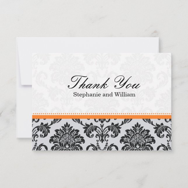 Damask Orange Mariage Carte de remerciements (Devant)
