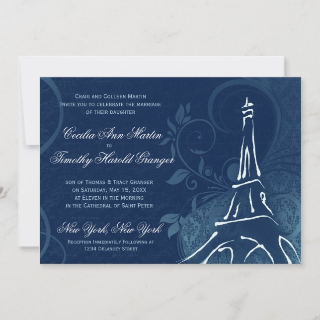 Damask Parisienne - Dark Sapphire Blue Wedding Einladung (Vorderseite)