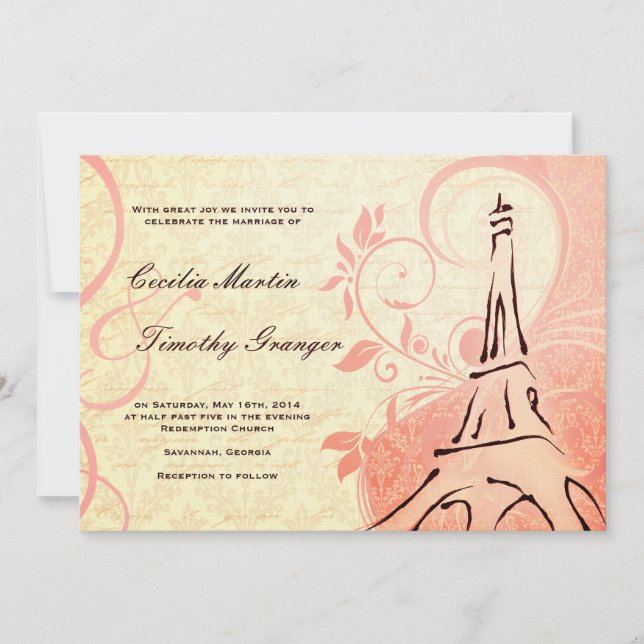 Damask Parisienne - Pink und Cream Wedding Einladung (Vorderseite)