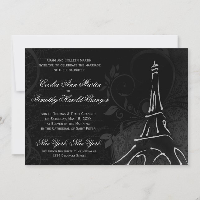 Damask Parisienne - Schwarze Hochzeit mitternacht Einladung (Vorderseite)