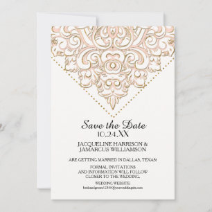 Damask Pattern Gold Dot Lace Save the Date Foto
