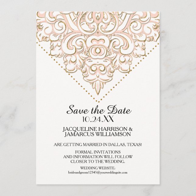 Damask Pattern Gold Dot Lace Save the Date Foto (Vorderseite)