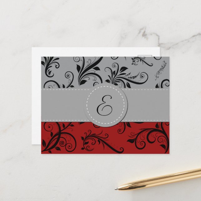 Damask Pattern, Gray Damask, Red Damask, Monogram Postkarte (Vorderseite/Rückseite Beispiel)