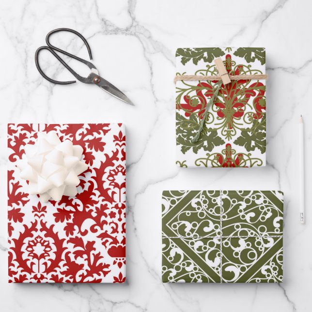 Damask Pattern Green Red White Christmas Geschenkpapier Set (Vorderseite)
