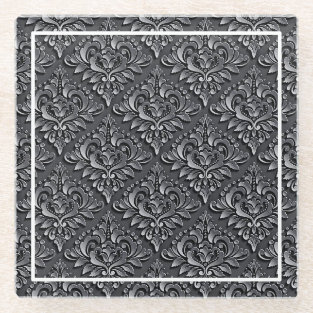 Damask Pattern Schwarzer Hintergrund-23961 Glasuntersetzer (Vorderseite)