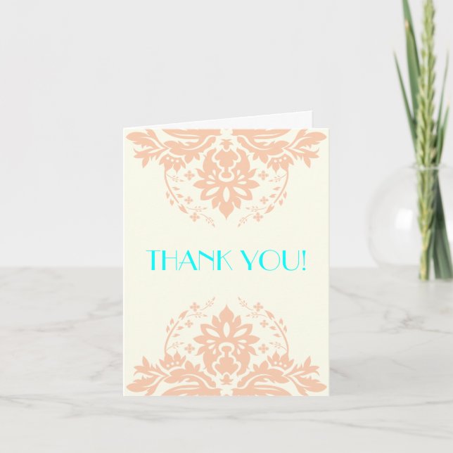 Damask peach, aqua, Elfenbeinhochzeit Danke (Vorderseite)