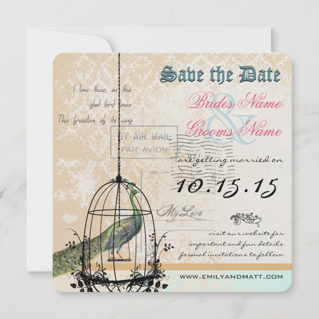 Damask Peacock Bird Cage Wedding Save the Date (Vorderseite)