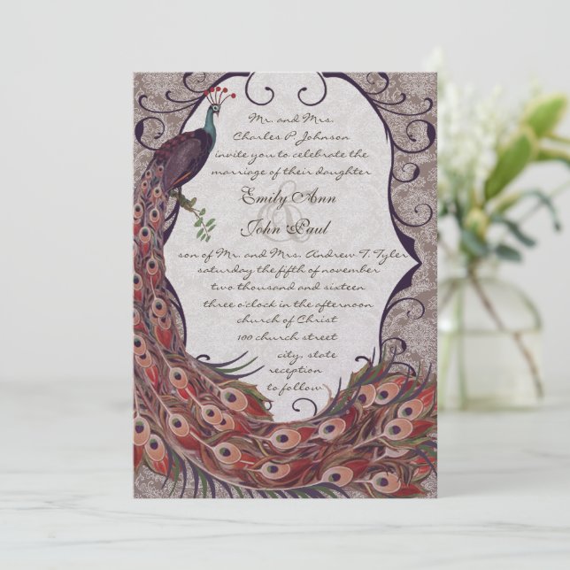 Damask Peacock Elegante Rote und Aquamarine Bergwe Einladung (Stehend Vorderseite)