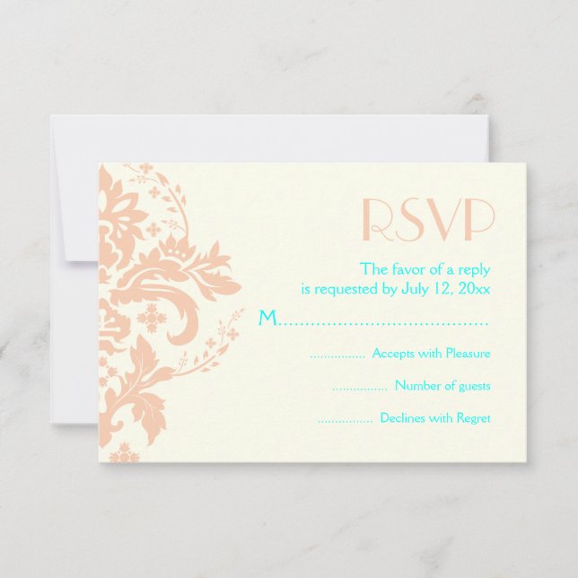 Damask pêche, aqua, mariage ivoire RSVP carte de r (Devant)