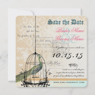 Damask Pfau-Vogelkäfig-Hochzeit Save the Date