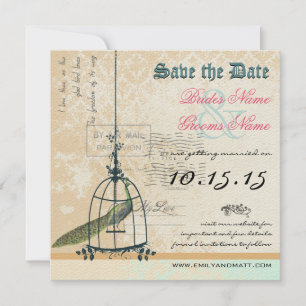 Damask-Pfauen-Vogelkäfig-Hochzeit - Rettet das Dat Save The Date