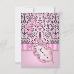 Damask Pink Gray Silver Geburtstagsparty Einladung