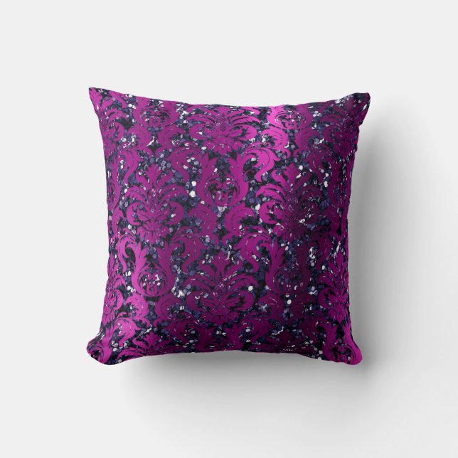 Damask Pink Magenta Metallic Blue Navy Glitzer Kissen (Vorderseite)