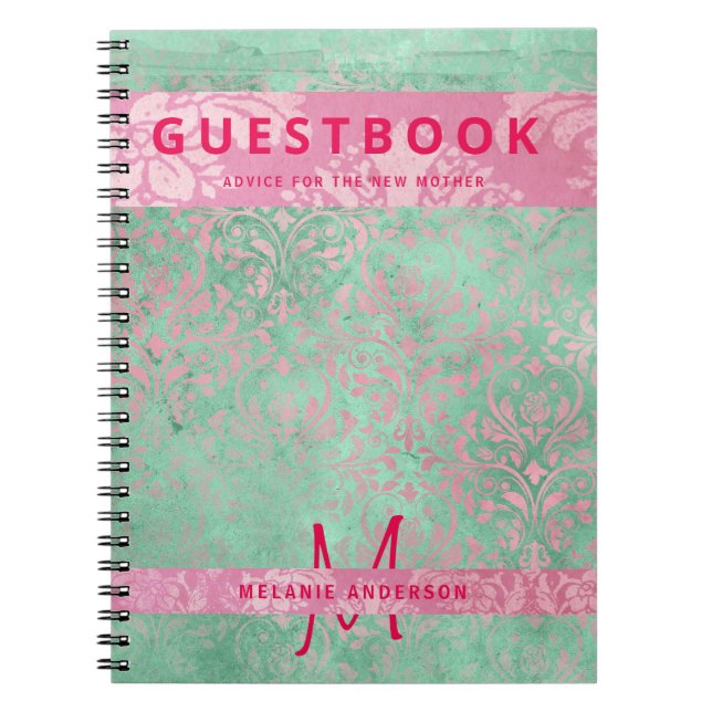 Damask Pink Mint Green Baby Showbook Notizblock (Vorderseite)