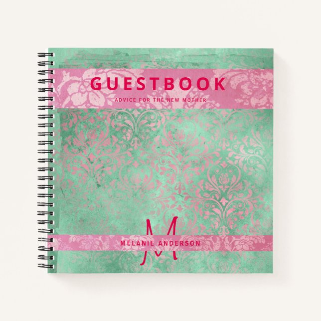 Damask Pink Mint Green Baby Showbook Notizbuch (Vorderseite)