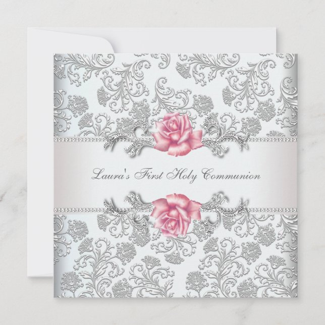 Damask Pink Rose Girls Erste Kommune Einladung (Vorderseite)