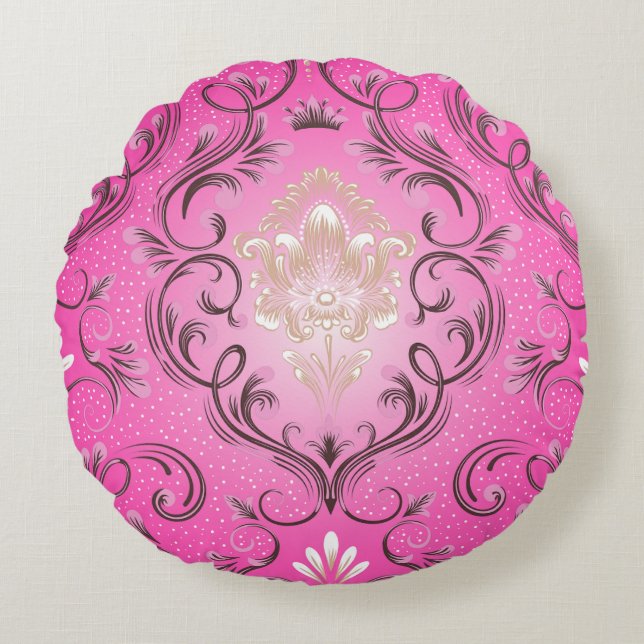 Damask Pink Round Throw Kissen (Vorderseite)