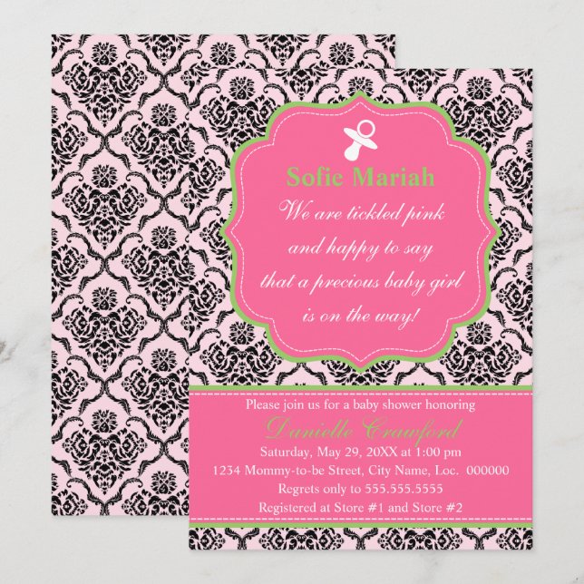 Damask Pink und Green Baby Dusche Einladung (Vorne/Hinten)