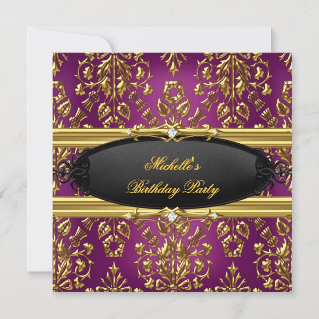 Damask Plum Birthday Party Gold Diamond Einladung (Vorderseite)