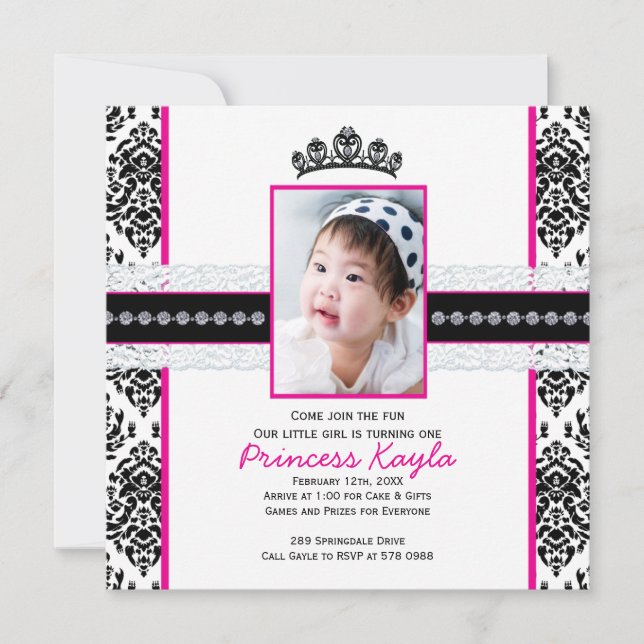 Damask Princess Foto Geburtstag Einladungen 12x18 (Vorderseite)