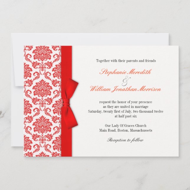 Damask Red Bow Faire-part de mariage (Devant)