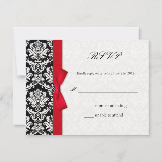Damask Red Bow Wedding RSVP Card Karte (Vorderseite)
