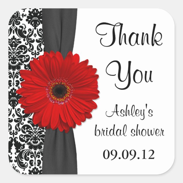 Damask Red Daisy Wedding Brautparty Vielen Dank Quadratischer Aufkleber (Vorderseite)