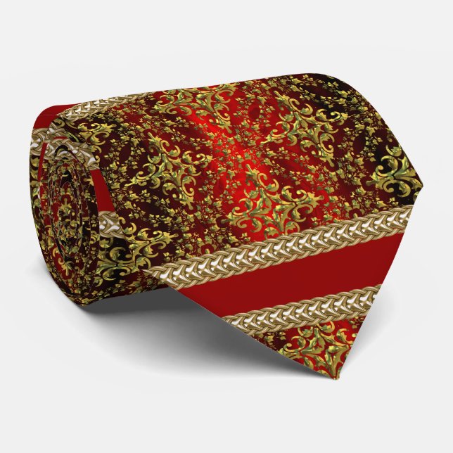 Damask Red Gold, Gold Chain Groom Cravate (Roulé)