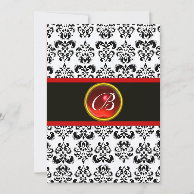 DAMASK RED RUBY MONOGRAM, schwarz-weiß Einladung (Vorderseite)