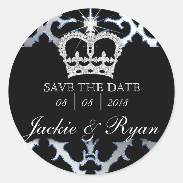 Damask Rett Date Wedding Stickers Blue Crown (Vorderseite)