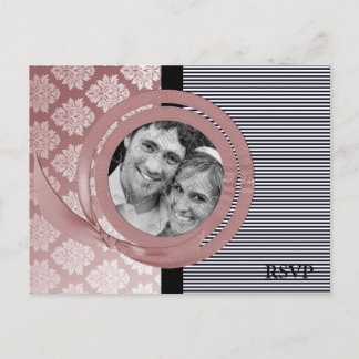 Damask Ribbon photoframe Wedding RSVP Postkarte
