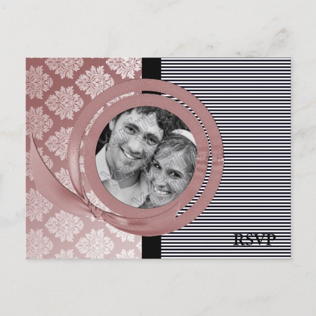 Damask Ribbon photoframe Wedding RSVP Postkarte (Vorderseite)