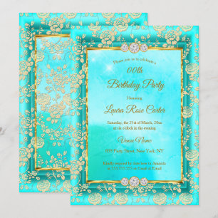 Damask Rose aquamarin Blue Gold Geburtstagsparty Einladung