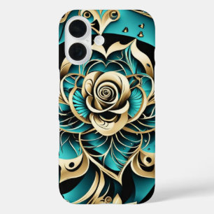 Damask Rose Aquamarin, Gold und Schwarz iPhone 16 Hülle