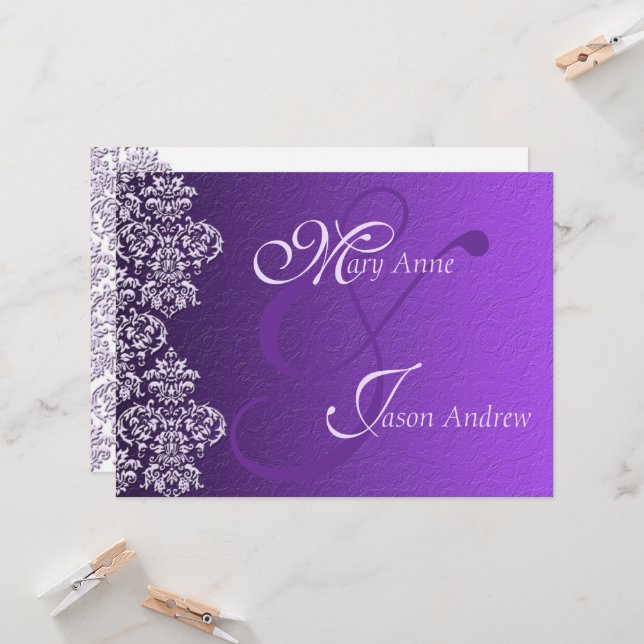 Damask Royal Lila Wedding Invitation Card Einladung (Vorderseite/Rückseite Beispiel)