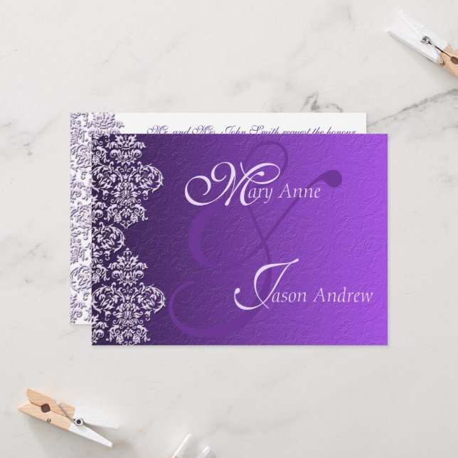 Damask Royal Lila Wedding Invitation Card Einladung (Vorderseite/Rückseite Beispiel)