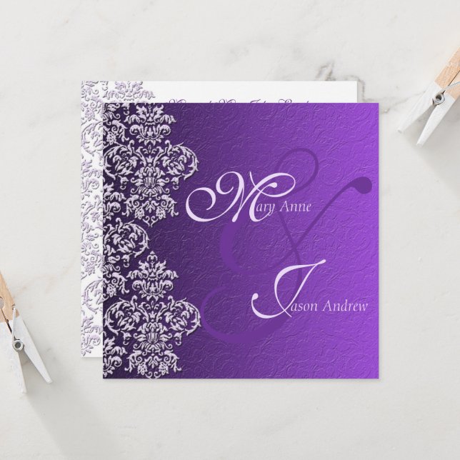 Damask Royal Lila Wedding Invitation Card Einladung (Vorderseite/Rückseite Beispiel)