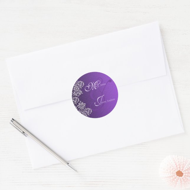 Damask Royal Lila Wedding Round Stickers (Umschlag)