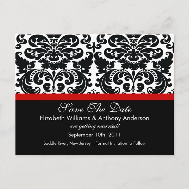 Damask Save the Date Red POSTCARD! Ankündigungspostkarte (Vorderseite)