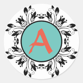 Damask schwarz-weiß MONOGRAM-Aufkleber Runder Aufkleber