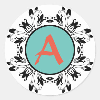 Damask schwarz-weiß MONOGRAM-Aufkleber Runder Aufkleber
