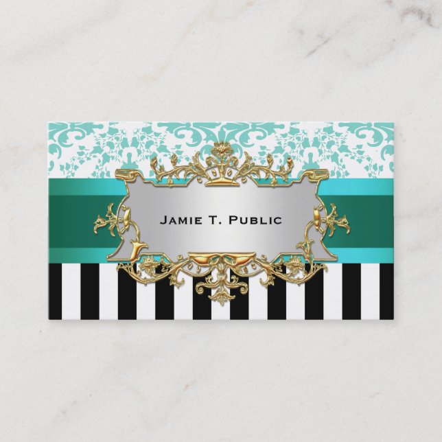 Damask, Schwarz-weiß Strip Aqua Ribbon, Gold Label Visitenkarte (Vorderseite)