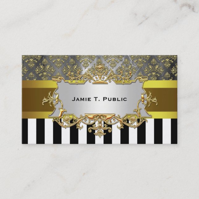 Damask, Schwarz-weiß Strip Gold Ribbon, Gold Label Visitenkarte (Vorderseite)
