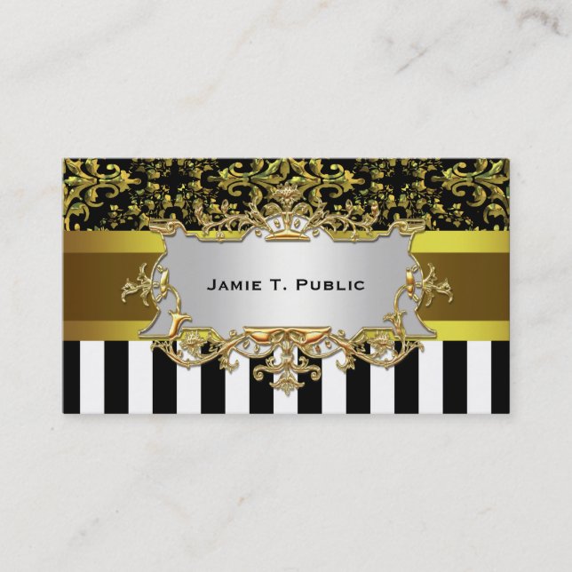 Damask, Schwarz-weiß Strip Gold Ribbon, Gold Label Visitenkarte (Vorderseite)