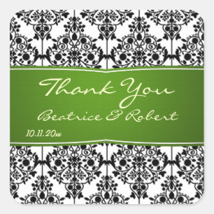 Damask schwarz, weiß und grün Hochzeit Danke Quadratischer Aufkleber