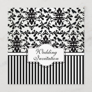 Damask Schwarz-weiße Wirbel, Vögel, Streifen Hochz Einladung