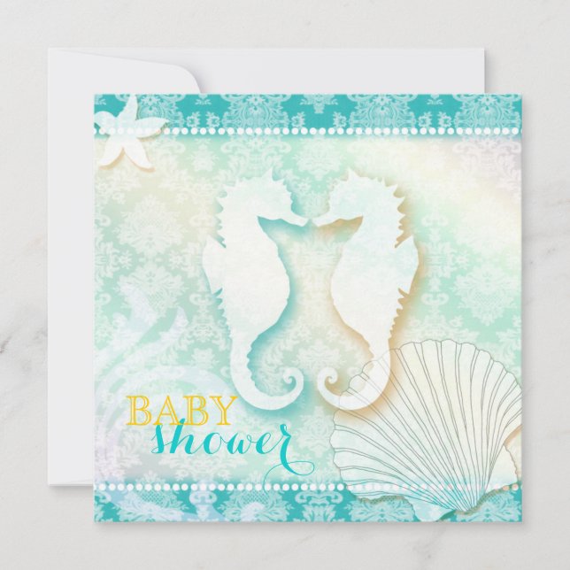 Damask Sea Horse Beach Baby Dusche Einladung (Vorderseite)