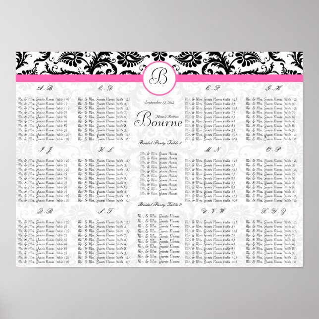 Damask Seating Chart Tischnummern - Alphabetisch Poster (Vorne)